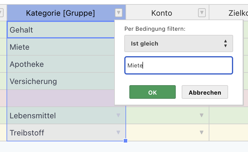 Das Filter-Menü einer Spalte in der Tabelle: die Bedingung "Ist gleich" und das Eingabefeld mit dem Wert Miete, dahinter die farbig markierten Zeilen