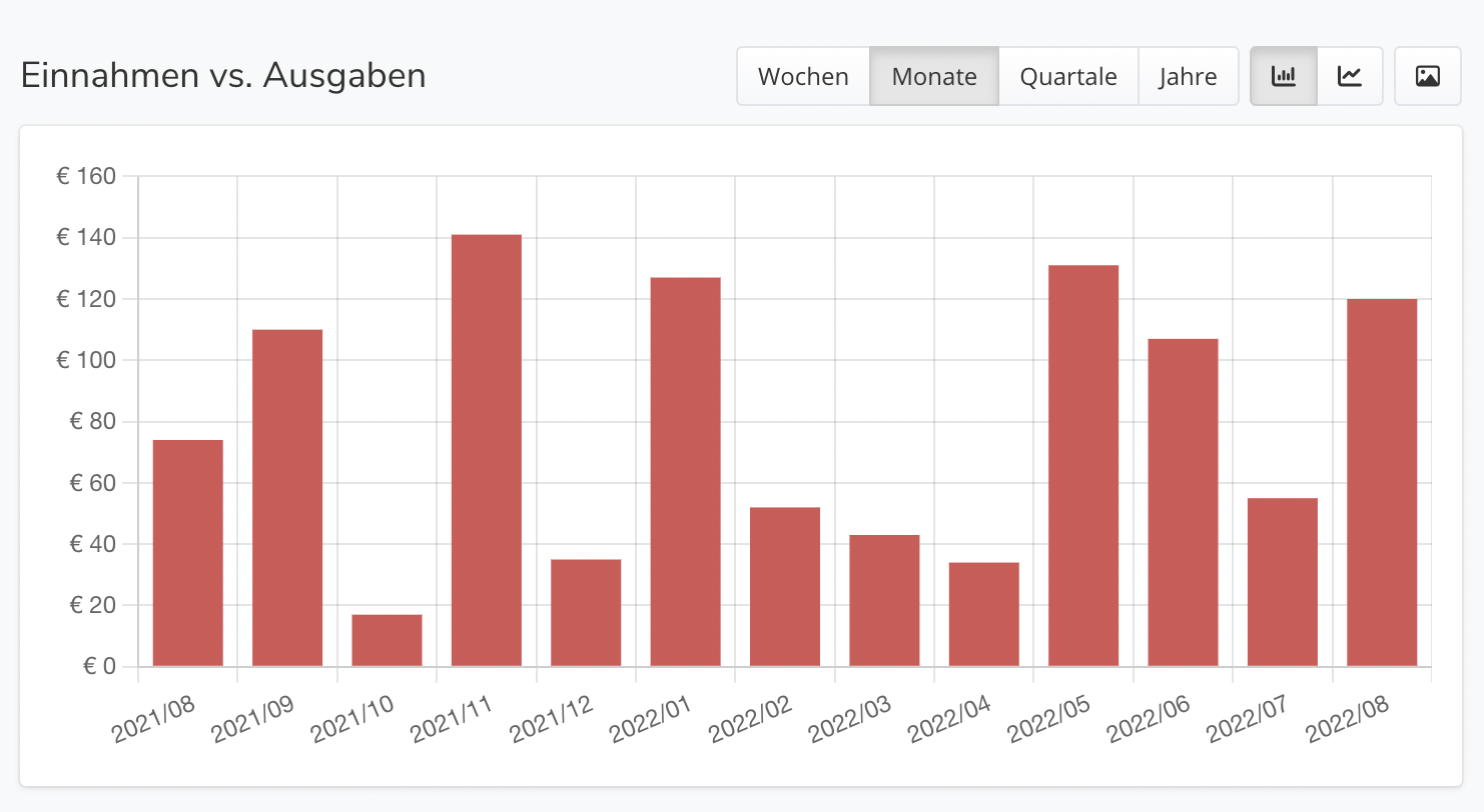 Das Diagramm "Einnahmen vs. Ausgaben" einer Kategorie mit Balken je Monat, darüber die Umschalter für Wochen, Monate, Quartale und Jahre