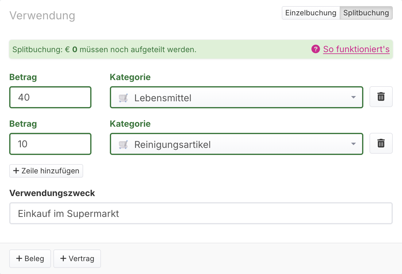 Der Bereich "Verwendung" im Buchungsformular: Umschalter auf "Splitbuchung", zwei Zeilen mit Betrag und Kategorie und der Hinweis, welcher Betrag noch aufzuteilen ist